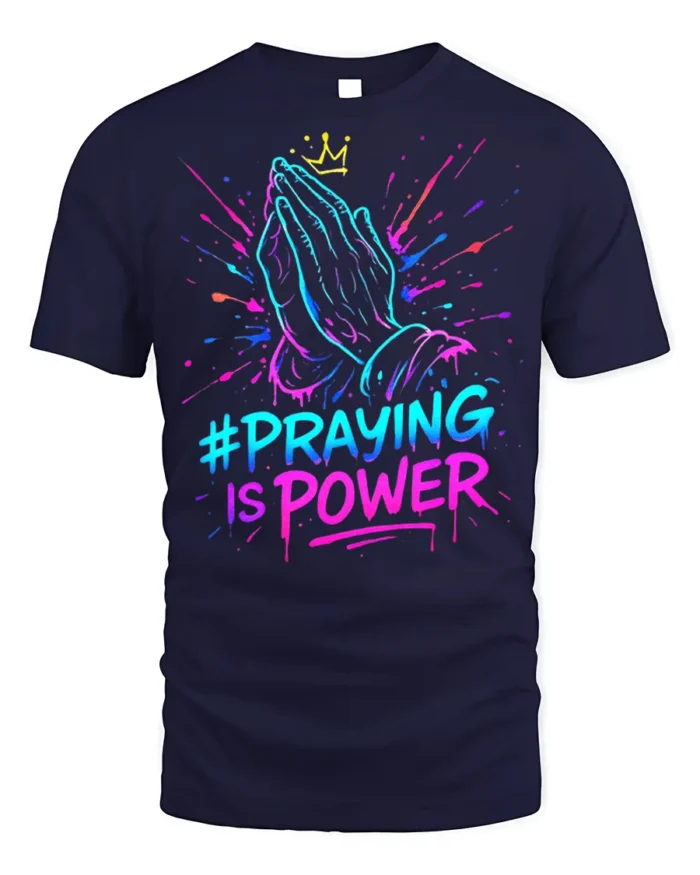 Praying Hands Faith Power Graphic T-shirt - navy t-shirt on white background