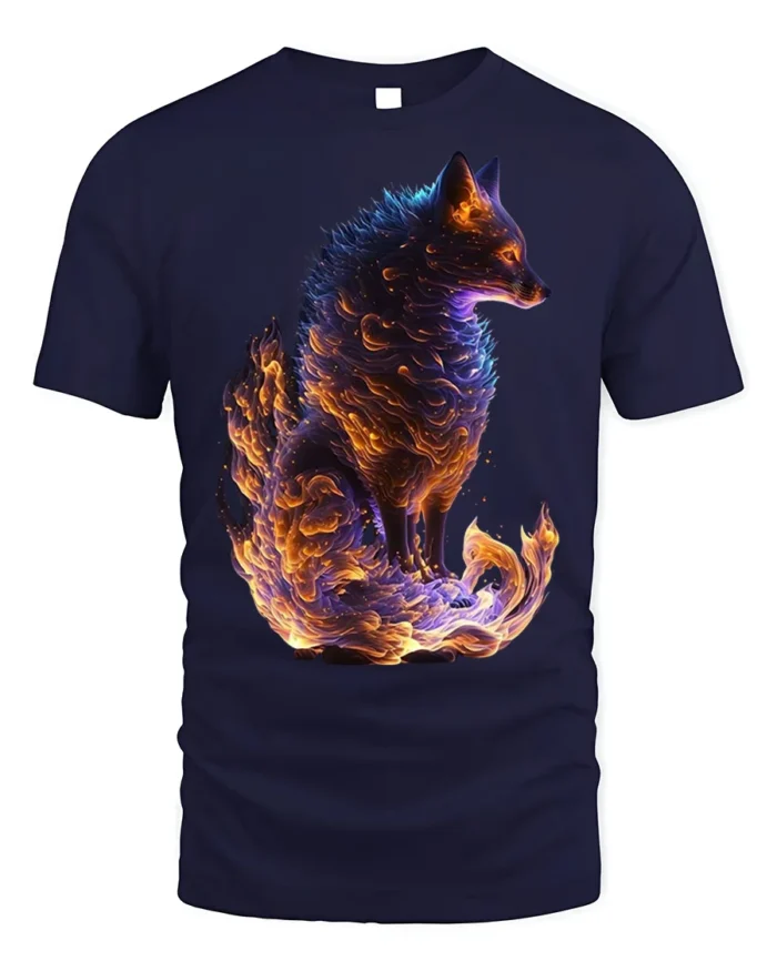 Mythical Flame Fox Spirit T-shirt for Fantasy Fans - navy t-shirt on white background