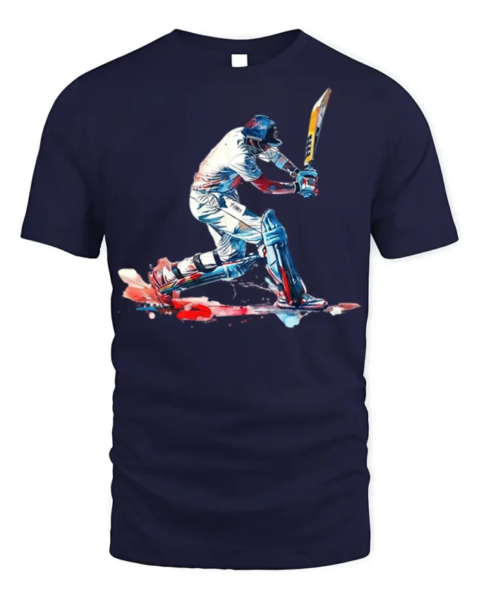 Cricket Batsman Splash Art T-shirt for Players - navy t-shirt on white background