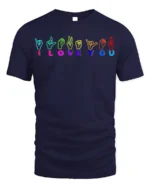 I Love You Sign Language T-shirt Neon Design - navy t-shirt on white background