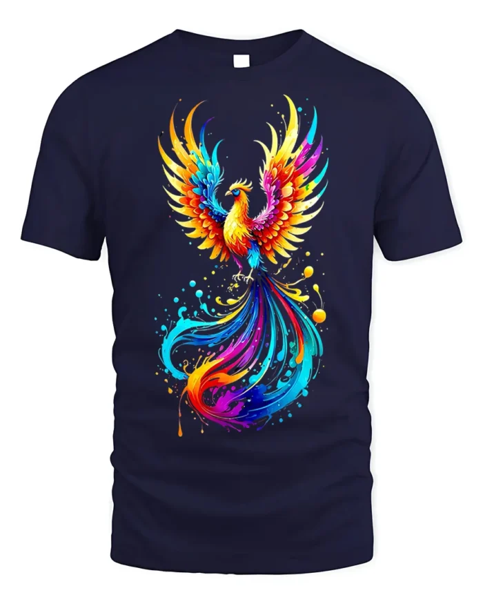 Rainbow Phoenix Splash T-shirt for Fantasy Lovers - navy t-shirt on white background