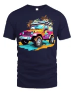 Colorful Beach Jeep Adventure Graphic T-shirt - navy t-shirt on white background