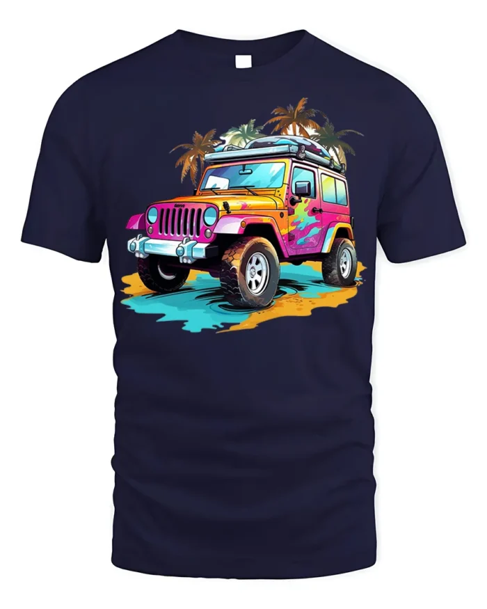 Colorful Beach Jeep Adventure Graphic T-shirt - navy t-shirt on white background