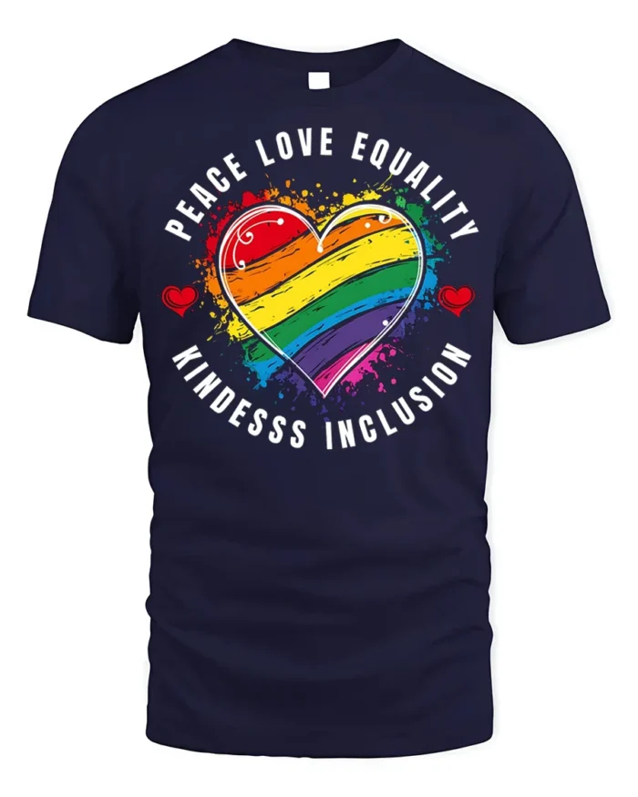Peace Love Equality Pride Heart T-shirt - navy t-shirt on white background