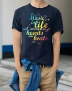Music Is Life Rainbow Beats T-shirt - model wearing navy shirt, hands in pockets