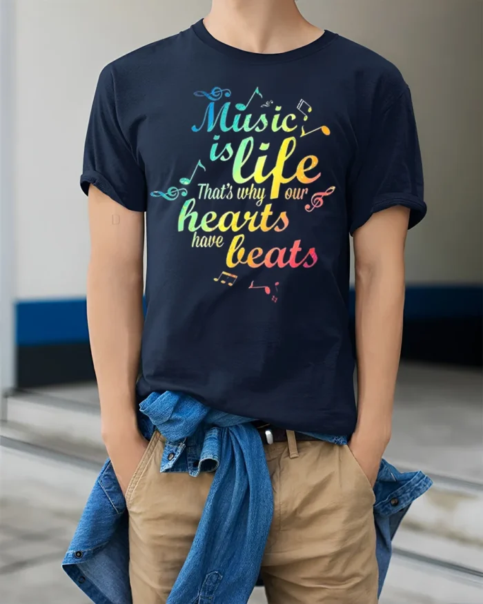 Music Is Life Rainbow Beats T-shirt - model wearing navy shirt, hands in pockets