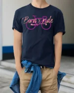 Born to Ride Bicycle T-shirt for Cyclists - model wearing navy shirt, hands in pockets