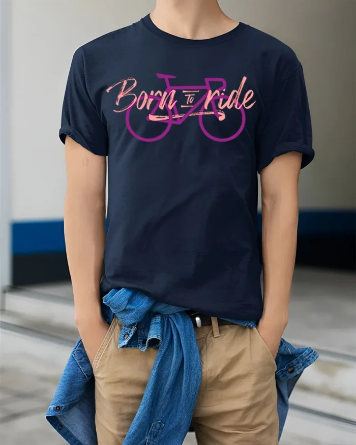 Born to Ride Bicycle T-shirt for Cyclists - model wearing navy shirt, hands in pockets