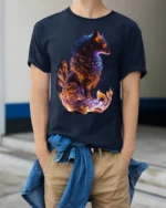 Mythical Flame Fox Spirit T-shirt for Fantasy Fans - model wearing navy shirt, hands in pockets