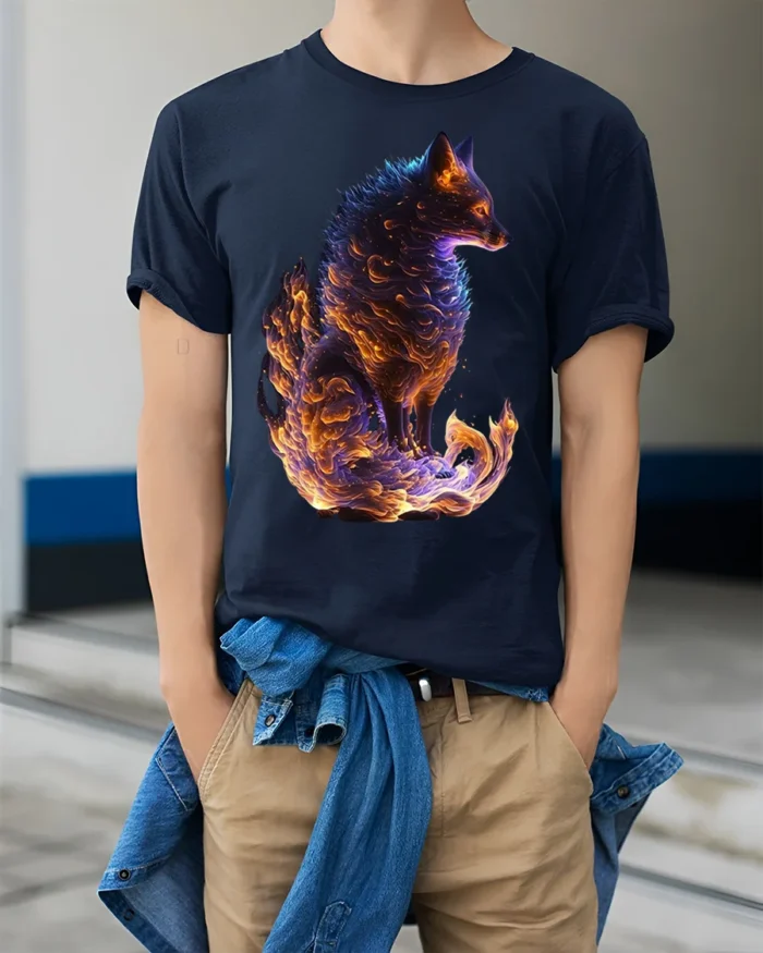 Mythical Flame Fox Spirit T-shirt for Fantasy Fans - model wearing navy shirt, hands in pockets