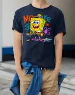 Retro Skater Sponge Graphic T-shirt Youth Style - model wearing navy shirt, hands in pockets