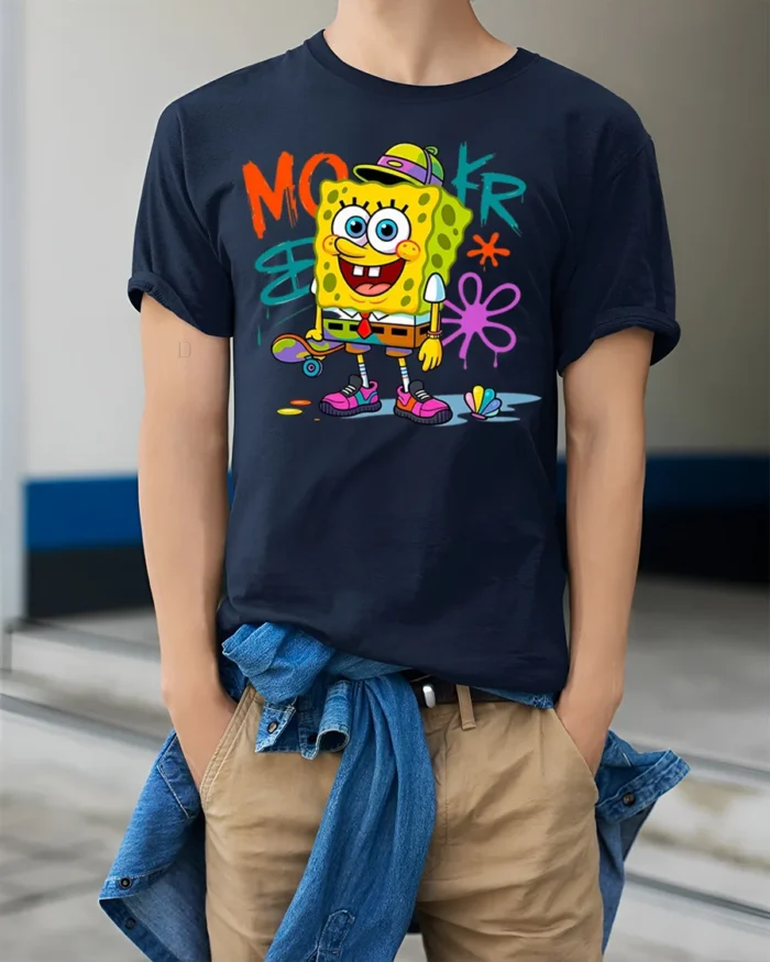 Retro Skater Sponge Graphic T-shirt Youth Style - model wearing navy shirt, hands in pockets