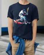 Cricket Batsman Splash Art T-shirt for Players - model wearing navy shirt, hands in pockets