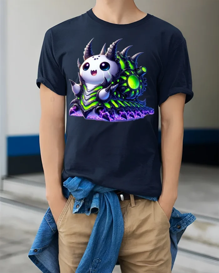 Cute Alien Monster T-shirt Sci-Fi Kawaii Style - model wearing navy shirt, hands in pockets
