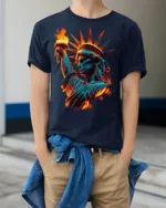 Statue of Liberty Flame Graphic T-shirt USA - model wearing navy shirt, hands in pockets