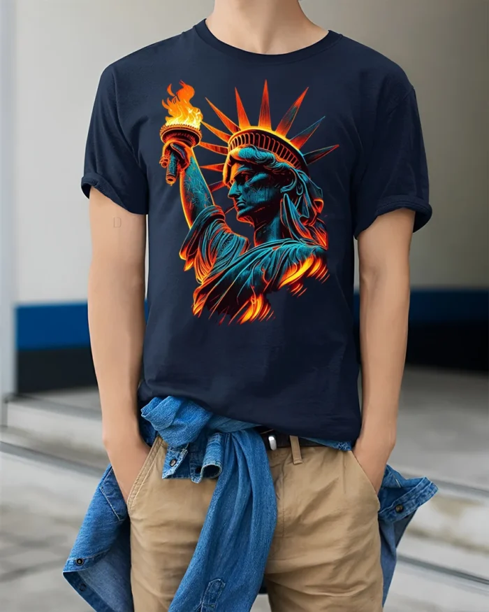 Statue of Liberty Flame Graphic T-shirt USA - model wearing navy shirt, hands in pockets