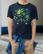 Leaf Monster Forest Guardian T-shirt Fantasy Art - model wearing navy shirt, hands in pockets