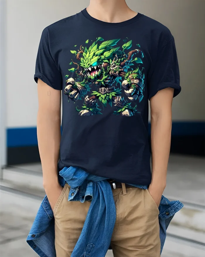 Leaf Monster Forest Guardian T-shirt Fantasy Art - model wearing navy shirt, hands in pockets