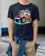 Colorful Beach Jeep Adventure Graphic T-shirt - model wearing navy shirt, hands in pockets