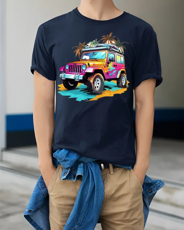Colorful Beach Jeep Adventure Graphic T-shirt - model wearing navy shirt, hands in pockets