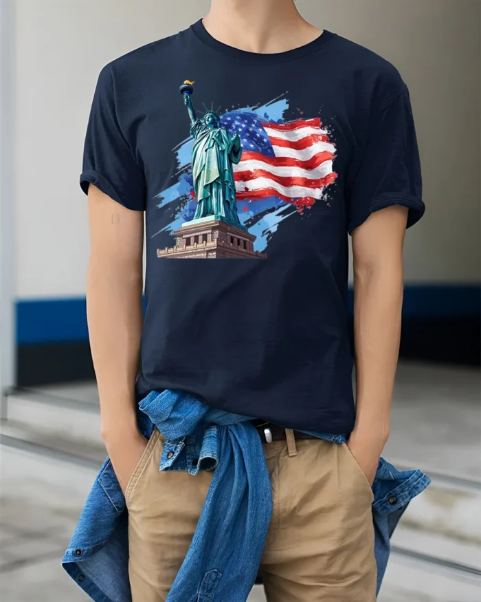Statue of Liberty American Flag T-shirt USA - model wearing navy shirt, hands in pockets