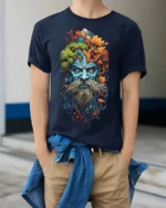Forest Spirit Tree Wizard T-shirt Nature Art - model wearing navy shirt, hands in pockets