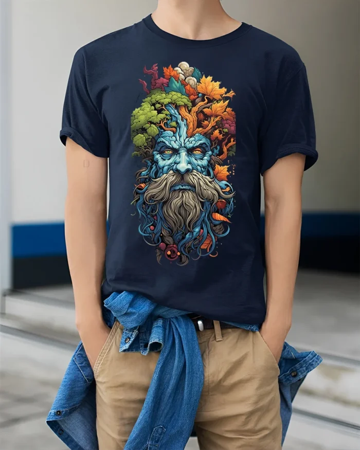 Forest Spirit Tree Wizard T-shirt Nature Art - model wearing navy shirt, hands in pockets