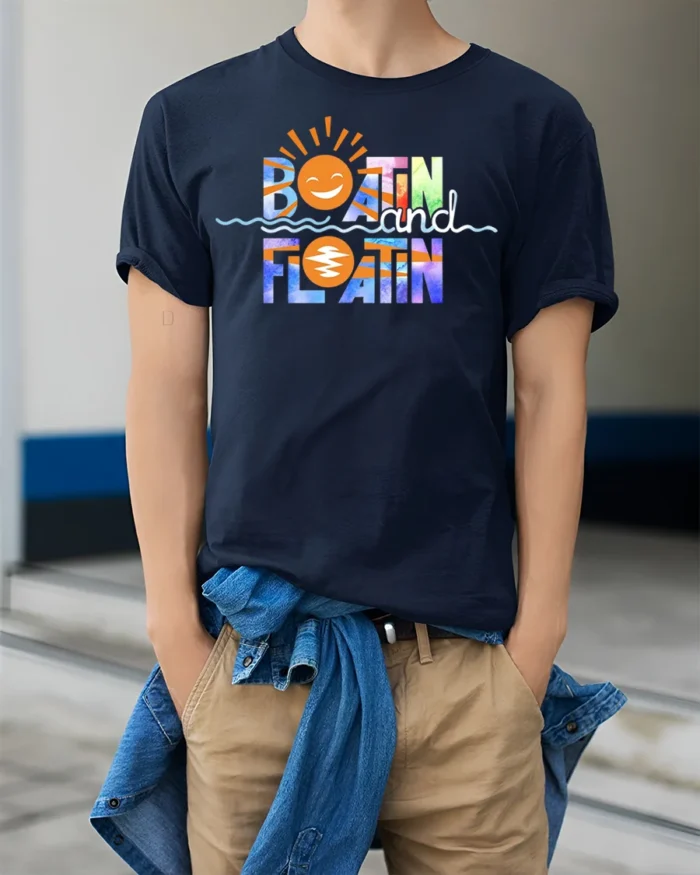 Boatin and Floatin Summer Vibes T-shirt - model wearing navy shirt, hands in pockets