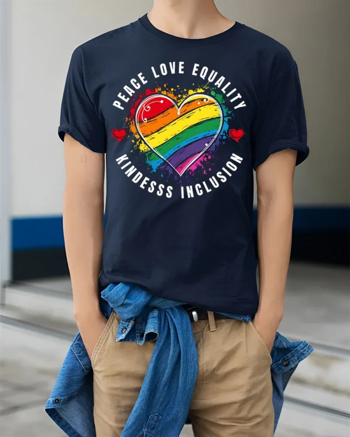 Peace Love Equality Pride Heart T-shirt - model wearing navy shirt, hands in pockets