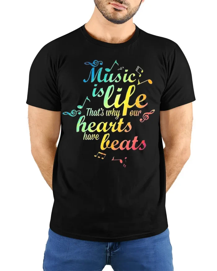 Music Is Life Rainbow Beats T-shirt - model wearing black shirt, hands behind back