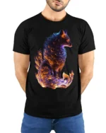 Mythical Flame Fox Spirit T-shirt for Fantasy Fans - model wearing black shirt, hands behind back