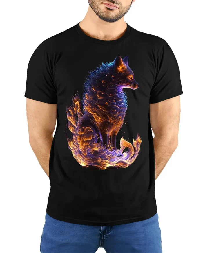 Mythical Flame Fox Spirit T-shirt for Fantasy Fans - model wearing black shirt, hands behind back
