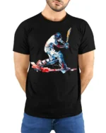 Cricket Batsman Splash Art T-shirt for Players - model wearing black shirt, hands behind back