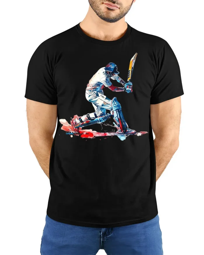 Cricket Batsman Splash Art T-shirt for Players - model wearing black shirt, hands behind back