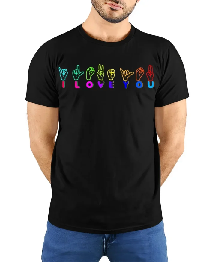 I Love You Sign Language T-shirt Neon Design - model wearing black shirt, hands behind back