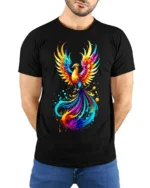 Rainbow Phoenix Splash T-shirt for Fantasy Lovers - model wearing black shirt, hands behind back