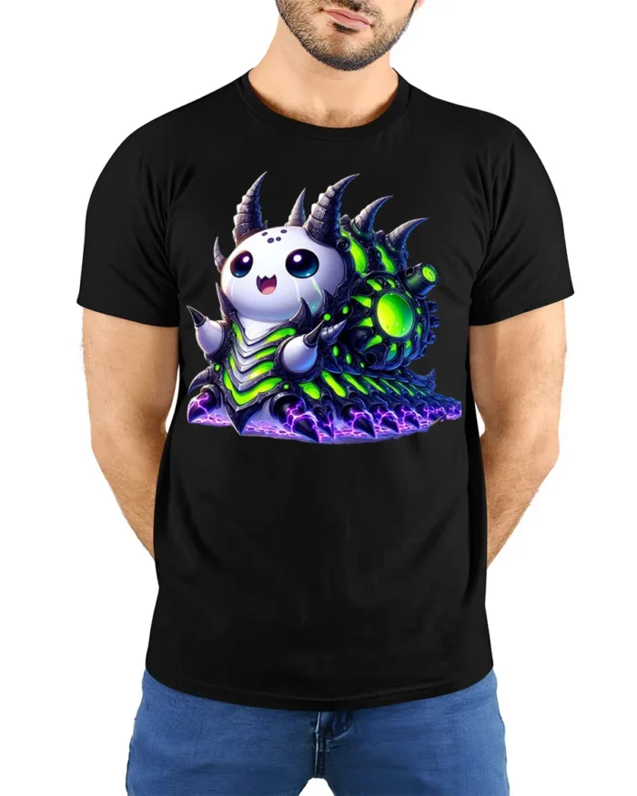 Cute Alien Monster T-shirt Sci-Fi Kawaii Style - model wearing black shirt, hands behind back