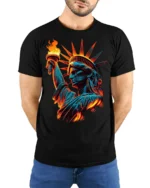 Statue of Liberty Flame Graphic T-shirt USA - model wearing black shirt, hands behind back