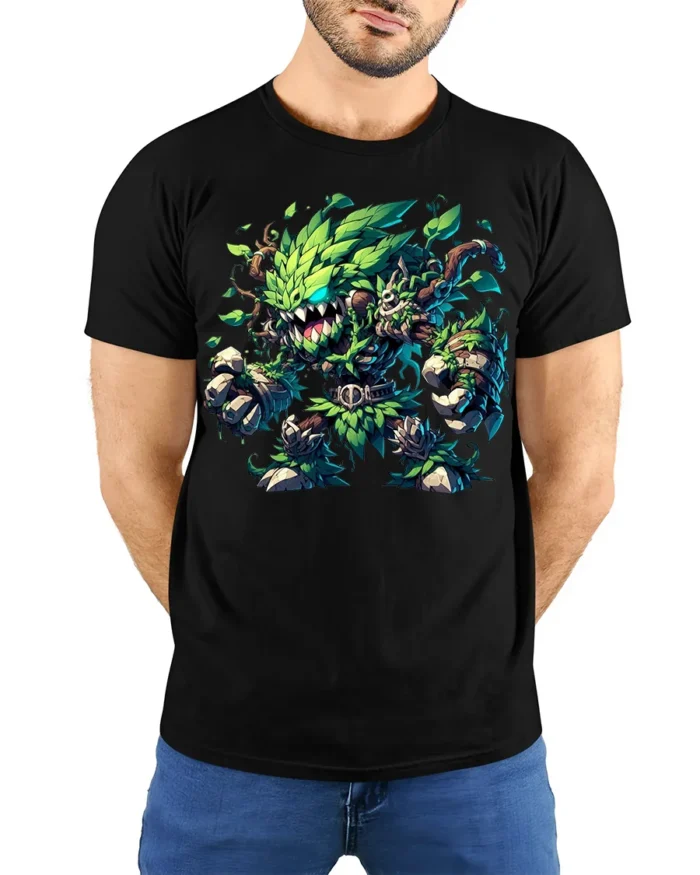 Leaf Monster Forest Guardian T-shirt Fantasy Art - model wearing black shirt, hands behind back
