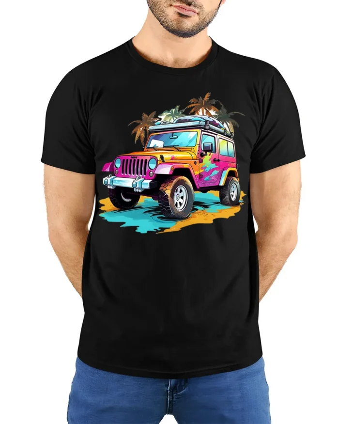Colorful Beach Jeep Adventure Graphic T-shirt - model wearing black shirt, hands behind back