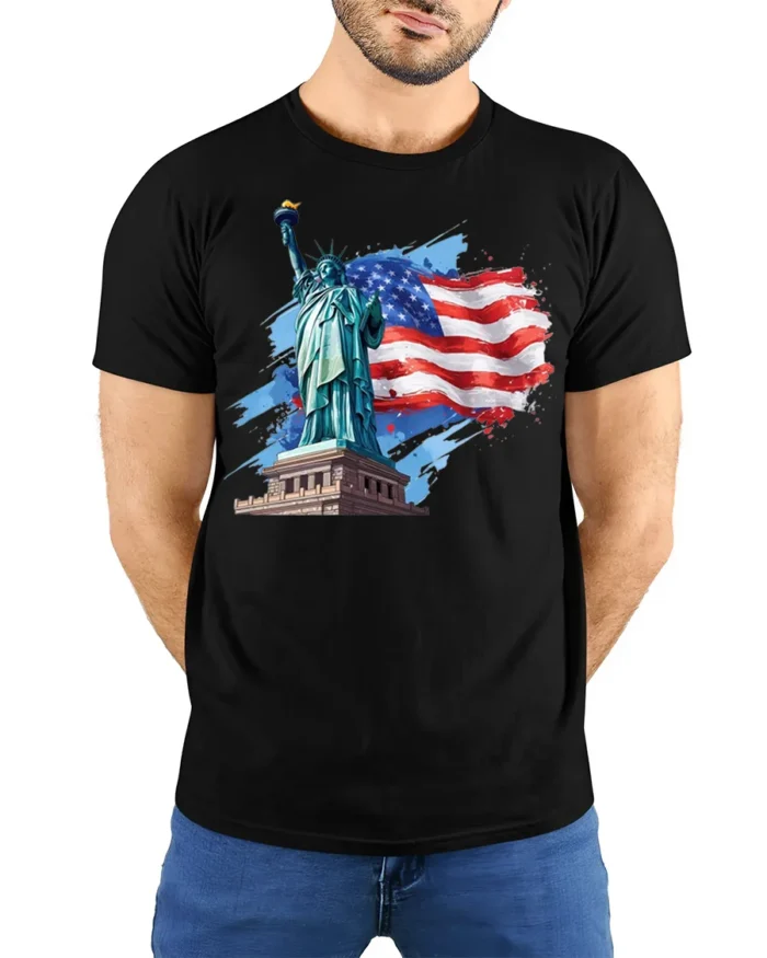 Statue of Liberty American Flag T-shirt USA - model wearing black shirt, hands behind back