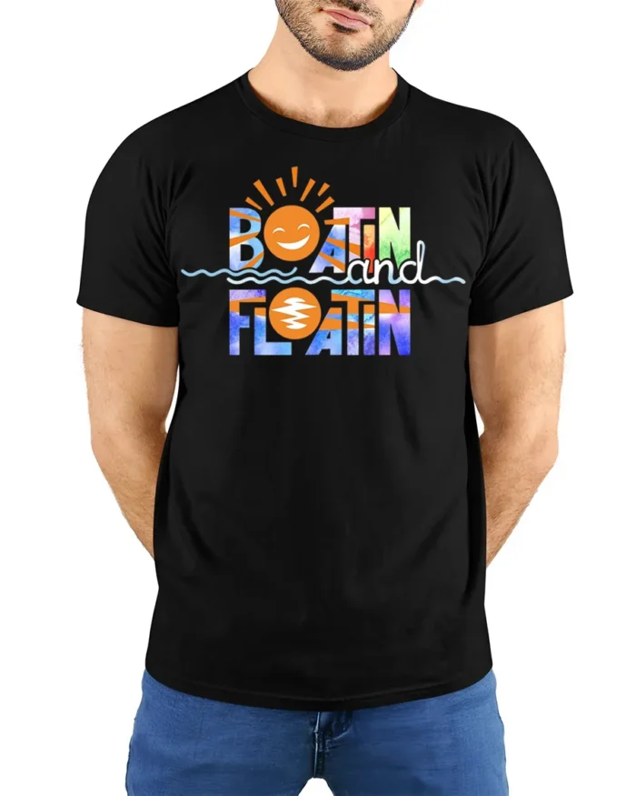 Boatin and Floatin Summer Vibes T-shirt - model wearing black shirt, hands behind back