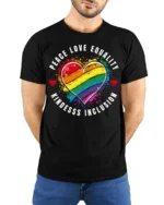 Peace Love Equality Pride Heart T-shirt - model wearing black shirt, hands behind back