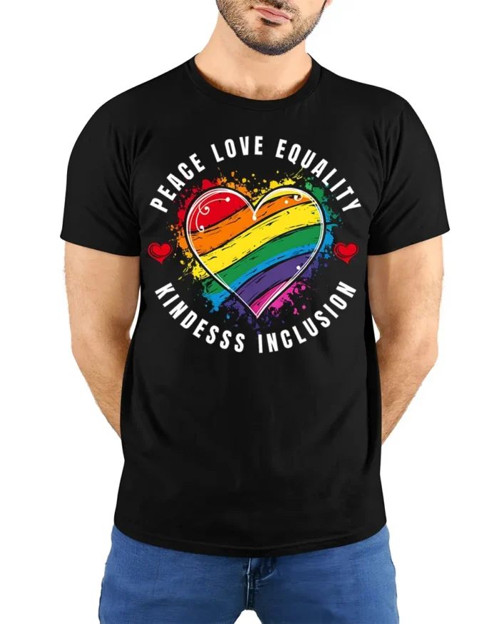 Peace Love Equality Pride Heart T-shirt - model wearing black shirt, hands behind back