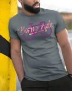 Born to Ride Bicycle T-shirt for Cyclists - model in grey shirt leaning against column