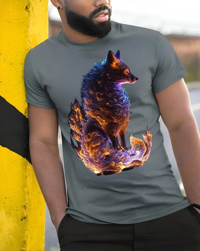 Mythical Flame Fox Spirit T-shirt for Fantasy Fans - model in grey shirt leaning against column