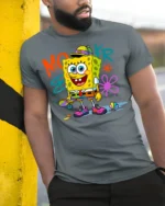 Retro Skater Sponge Graphic T-shirt Youth Style - model in grey shirt leaning against column