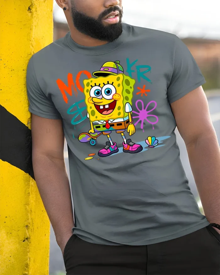Retro Skater Sponge Graphic T-shirt Youth Style - model in grey shirt leaning against column