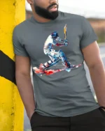 Cricket Batsman Splash Art T-shirt for Players - model in grey shirt leaning against column