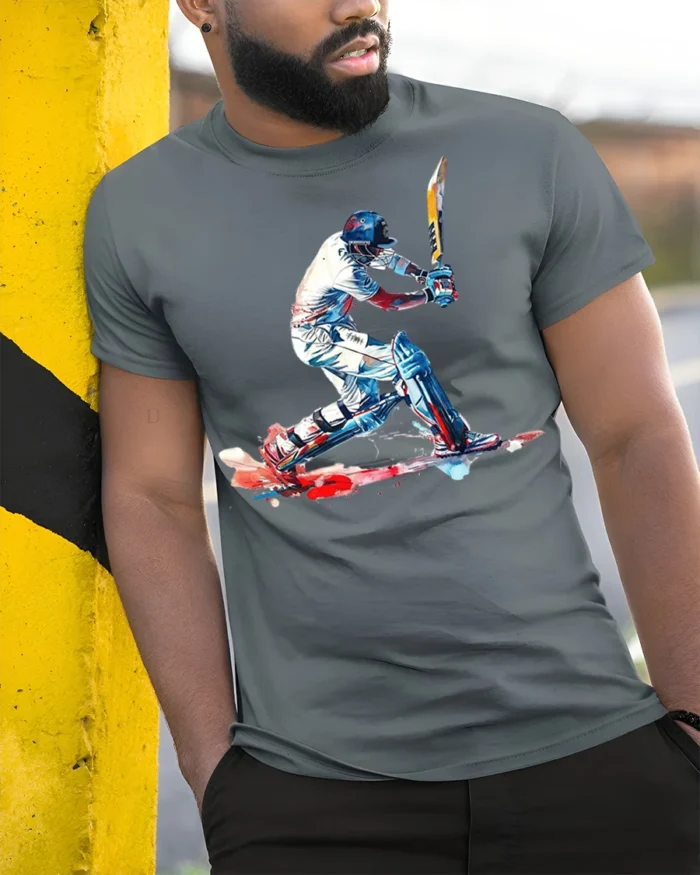 Cricket Batsman Splash Art T-shirt for Players - model in grey shirt leaning against column